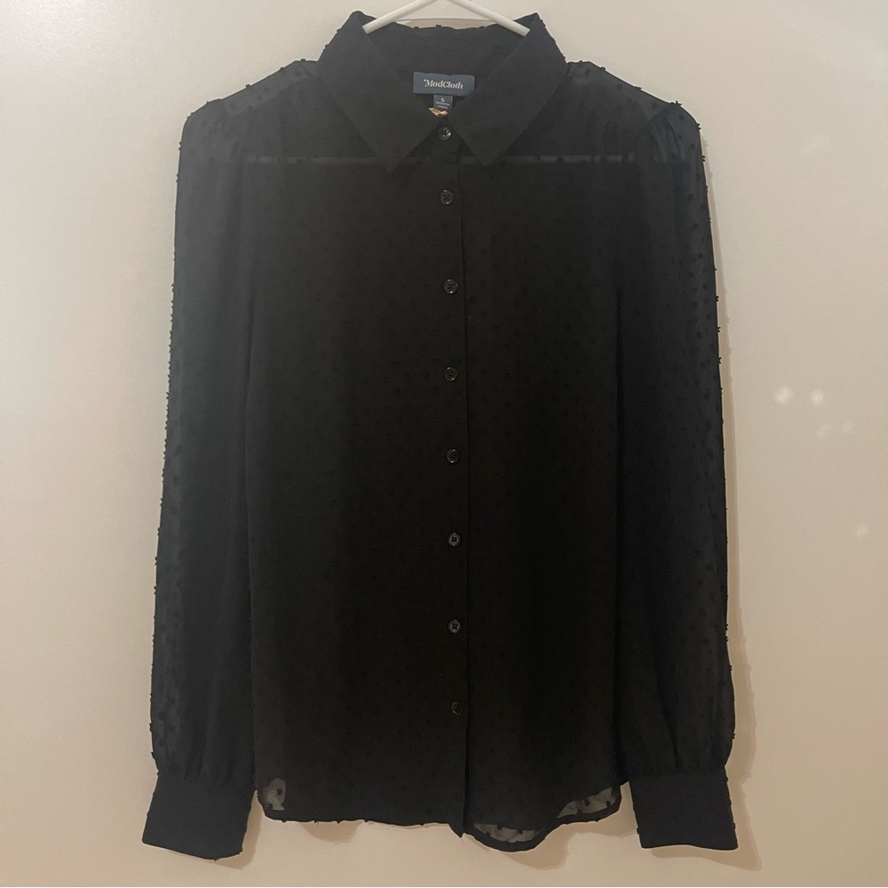 Modcloth Black Long-Sleeve Sheer Polka Dot Blouse, Small - Picture 3 of 12